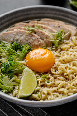 asian noodles with chicken, egg and broccoli 