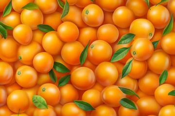 Fresh oranges background with green leaves creating a vibrant, healthy, and natural pattern
