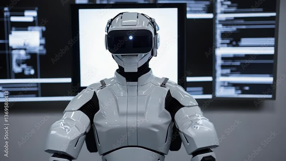 Poster futuristic robot wearing virtual reality headset is monitoring multiple computer screens displaying 