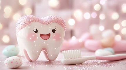 Playful Cartoon Tooth with Glitter and Easter Eggs