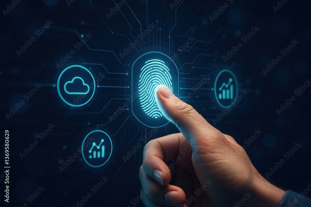 Poster fingerprint recognition: a close-up of a finger interacting with a holographic fingerprint interface