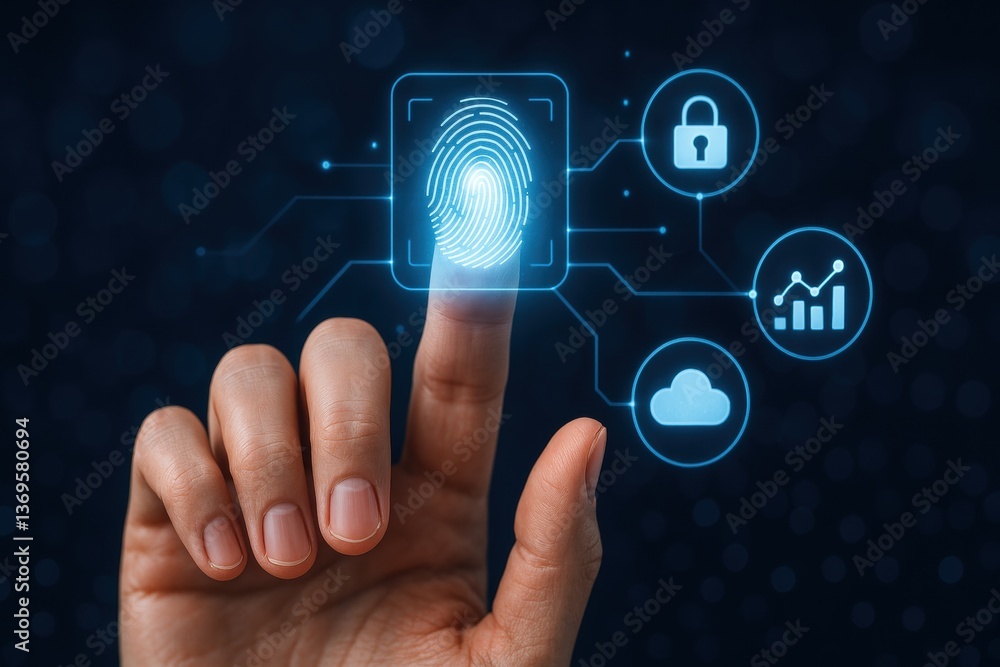 Poster a finger pressing a glowing digital fingerprint scanner surrounded by icons representing security, c