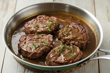 A high-quality photo of fried pieces of steak stewed in gravy on a pan