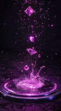 Mystical purple crystals falling into vibrant water splash creating a mesmerizing otherworldly scene with dark background and neon glow