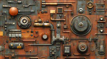 Fototapeta premium Complex Rusty Metal Panel Texture with Industrial Elements and Intricate Details Featuring a Weathered Vintage Look with Brown and Gray Tones