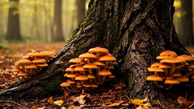 Vibrant orange pioppini mushrooms growing at the base of a tree in a serene autumn forest setting
