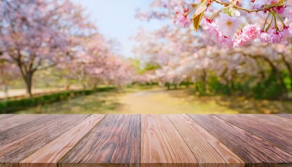 Empty wooden table in Sakura flower Park with garden bokeh background