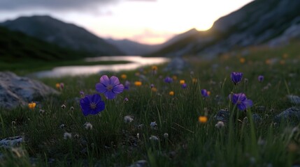 Obraz premium Mountain meadow flowers at sunset