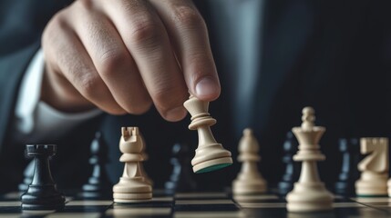 Strategic Move: A close-up shot of a person's hand moving a chess piece on a chessboard, showcasing strategic thinking and decision-making.