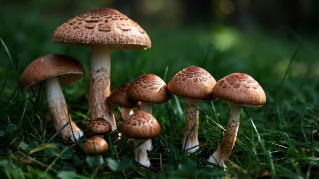 A cluster of pioppini mushrooms growing in a lush green grass setting, showcasing their unique textures and patterns