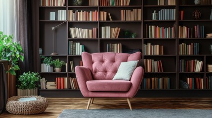 Cozy pink chair in a well-organized home library filled with colorful books