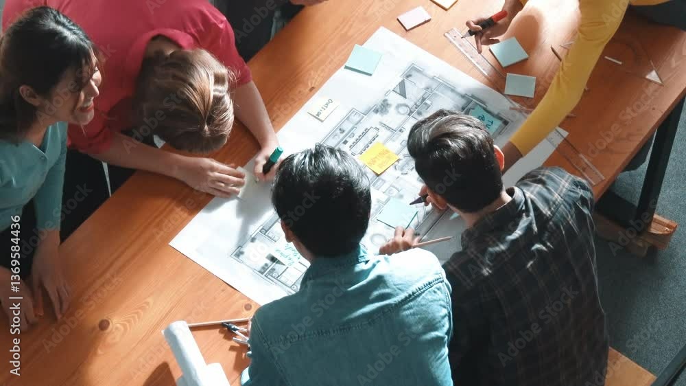Poster top view of smart manager writing at blueprint while marketing team plans design. aerial view of arc