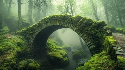 Moss-covered stone bridge hidden deep within a misty, enchanted forest.