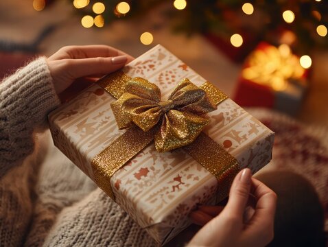 Wrapped with Love: A cozy close-up shot showcases a pair of hands tenderly holding a beautifully wrapped gift box, its golden ribbon sparkling under the soft glow of festive lights.