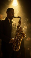 Saxophonist in smoky jazz club, soulful performance, golden hour lighting