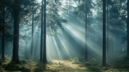 Sunbeams filtering through dense mist in an ancient pine forest during early morning.