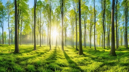 Breathtaking spring morning in a misty forest with lush nature and gentle sunlight glow