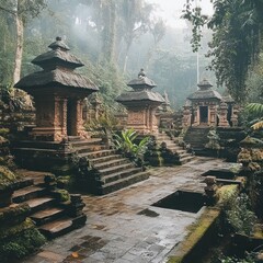 Obraz premium Misty Indonesian temple complex, ancient architecture, lush forest, serene atmosphere