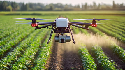 Agricultural drones spraying crops in a vast farmland