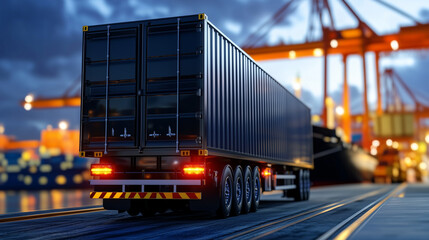  full side view of a full length truck with trailer seen from the rear and behind port, with ships and containers.