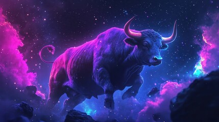 Fiery market trendlines radiating from a bull charging through space, copy space, focus on limitless possibilities, surreal, fusion, backdrop of outer space galaxies