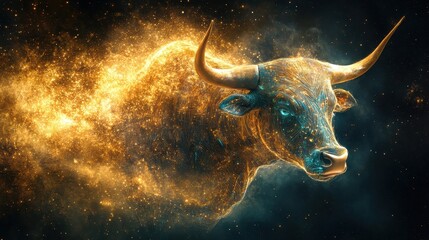 Obraz premium Abstract swirling data streams creating the shape of a futuristic bull, copy space, focus on advanced markets, ethereal, double exposure, backdrop of outer space themes