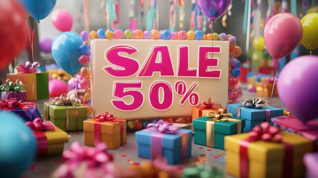 Deals and Celebration: Shop with joy amid a vibrant celebration of gifts and colorful balloons, as the prominent "SALE 50%" sign invites you to seize the moment.