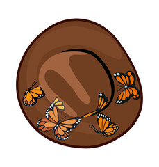 Cowboy hat with traditional western decoration, butterflies trendy print top view. Wild west fashion style. Cowgirl hat Vector realistic illustration isolated