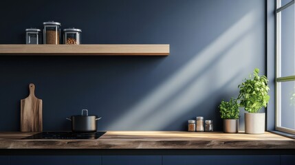Modern kitchen interior with dark blue walls, wooden countertop, and plants highlighting natural light during the day