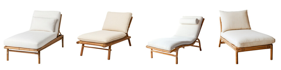 A collection of contemporary minimalist furniture designs featuring neutral toned cushions and sleek wooden frames creating a peaceful and inviting atmosphere for home relaxation and leisure