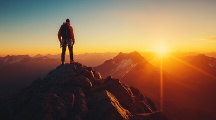 Fototapeta premium Hiker summiting mountain at sunrise