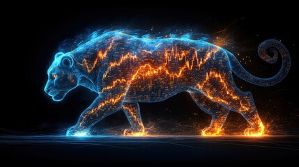 Electric blue and orange candlestick charts spiraling into a glowing bull