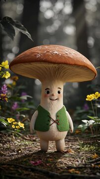 Whimsical pioppini mushroom character standing in a vibrant forest surrounded by colorful flowers