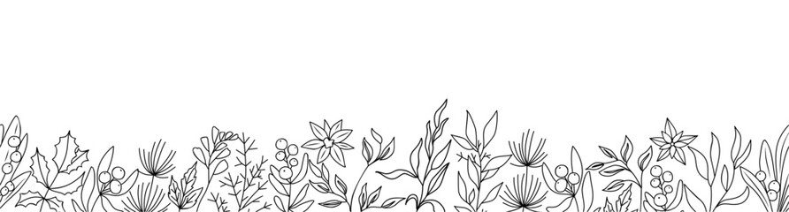 Wild blooming meadow flowers and herbs border. Horizontal seamless pattern, banner, floral overlay backdrop. Botanical ink sketch hand drawn vector illustration isolated