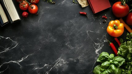 Fresh vegetables and herbs arranged on a dark stone countertop for meal preparation and recipe inspiration