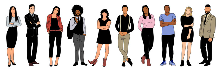 Multinational Business people standing and walking. Set of different men, women characters in formal, smart casual office outfits. Vector colored outline illustrations Isolated 