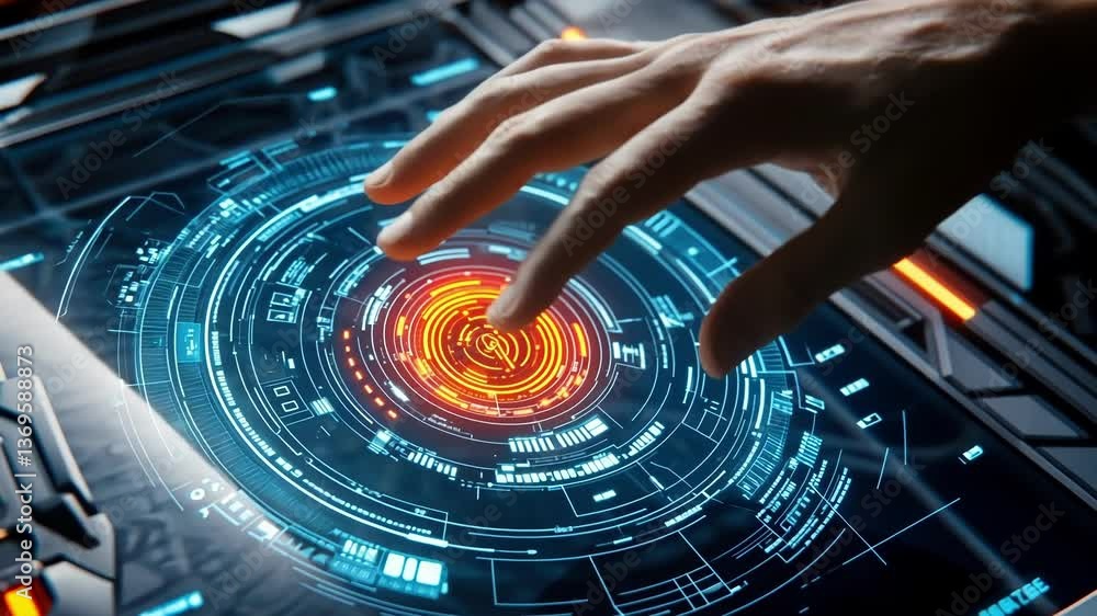Poster hand touching futuristic holographic control panel activating a user interface with circular graphic