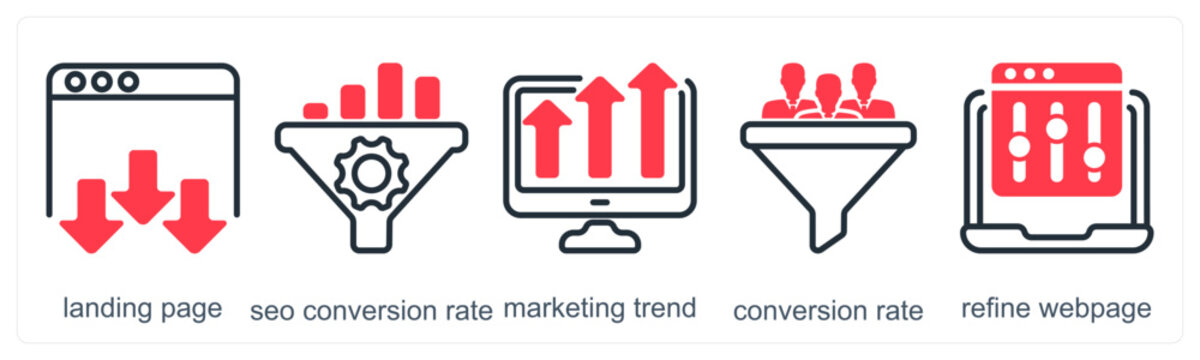 A set of 5 business icons as landing page, seo conversion rate, marketing trend