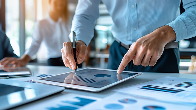 Executive using his tablet to refine a pitch deck, while his team collaborates to finalize a groundbreaking project 