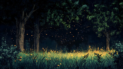 Enchanted Night Scene with Fireflies Illuminating a Grassy Field Beneath Dark Trees in Atmospheric Pixel Art