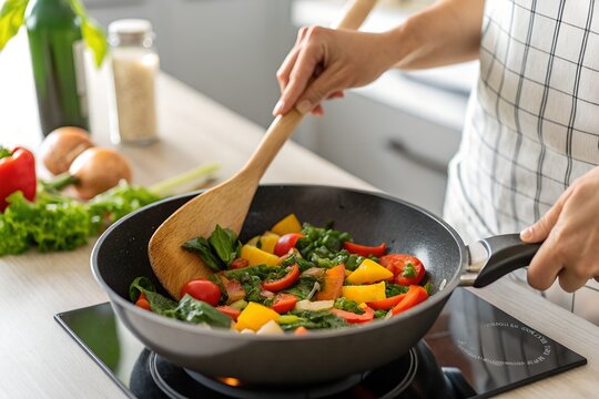 Cooking Fresh Vegetables in a Pan on Modern Kitchen Stove – Healthy Home Meal Preparation
