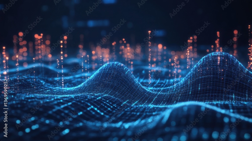 Fototapete Digital waveforms representing data flow in a futuristic environment with glowing particles and undulating patterns