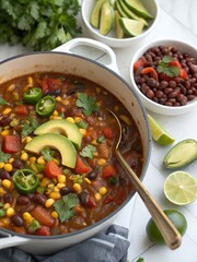 Healthy Vegetarian Chili with Avocado, Beans, and Corn – Overhead Food Photo