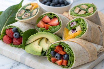 Colorful Healthy Vegan Wraps with Fresh Fruits, Vegetables, and Avocado on Cutting Board – Nutritious Vegetarian Snack Rolls with Berries, Spinach, and Whole Wheat Tortillas for Clean Eating and Meal 