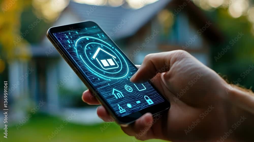 Poster person using mobile phone with home automation app controlling smart home devices, including lightin