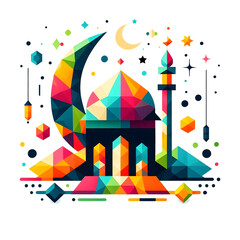 Obraz premium Happy Eid Mubarak, islamic greeting card design, Islamic arabic background for banner, poster, background, flyer, brochure 