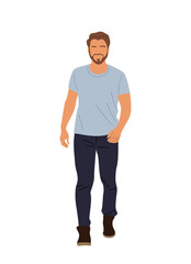 Fototapeta premium Casual man character walking front view. Handsome bearded guy in blue t-shirt, dark jeans, boots. Vector realistic illustration isolated 