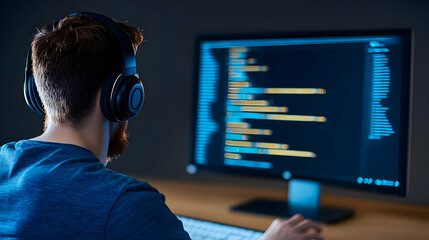 Professional IT programmer working in a data center on a desktop computer with three displays, doing development of software and hardware. Displays Show Blockchain, Data Network Architecture Concept