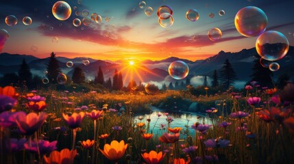 Obraz premium Bright colorful flowers blanket a mountain valley as the sun sets behind distant peaks, with bubbles floating gently in the warm evening air, creating a joyful atmosphere.
