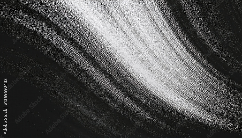 Poster monochrome abstract halftone pattern with dynamic curved lines, high contrast black and white texture for modern design

